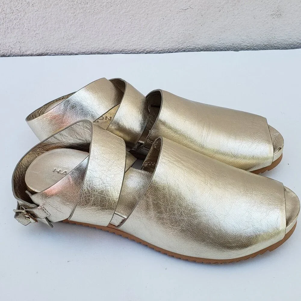 Halston gold peep toe ankle strap crossover Neli sandals - Picture 9 of 11